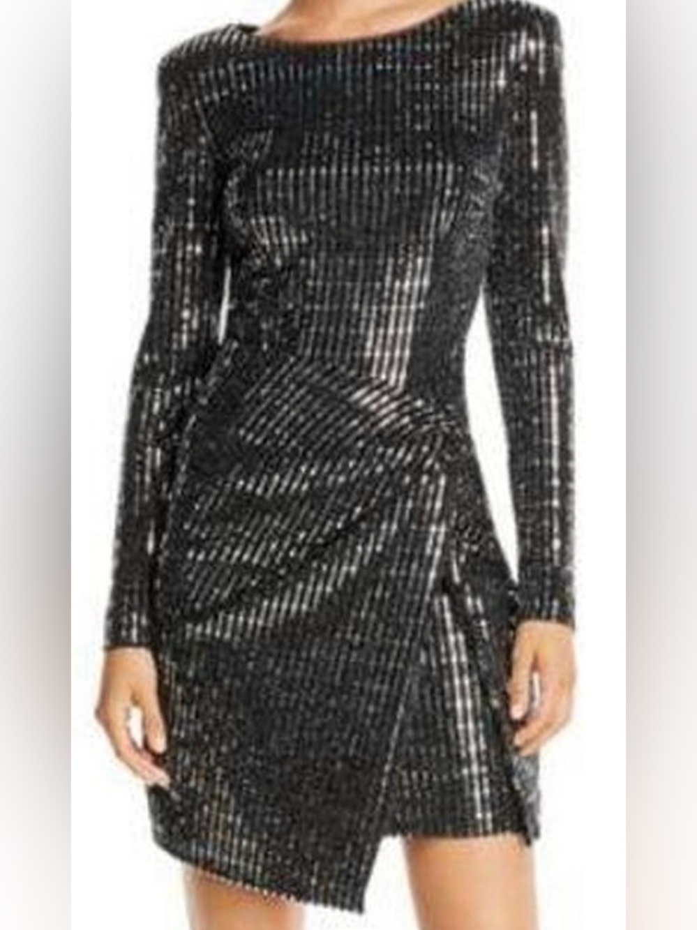 Aqua Formal Black Long-Sleeve Sequin Wrap-Front Mini Dress -NWT
